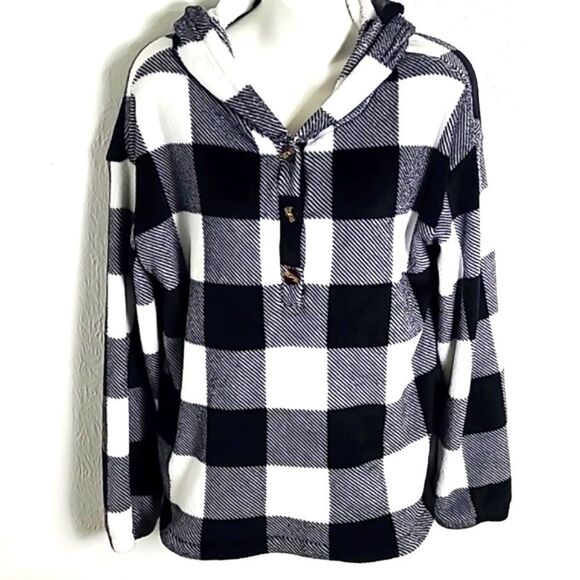 Black & White Checkered Fuzzy Hoodie Shirt, Size Large - Picture 2 of 9